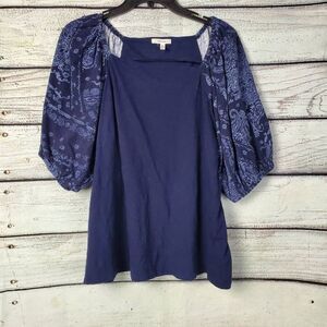 Maurices XL Blue Boho Puff Sleeve Top Paisley Print Cotton Blouse Square Neck Pe
